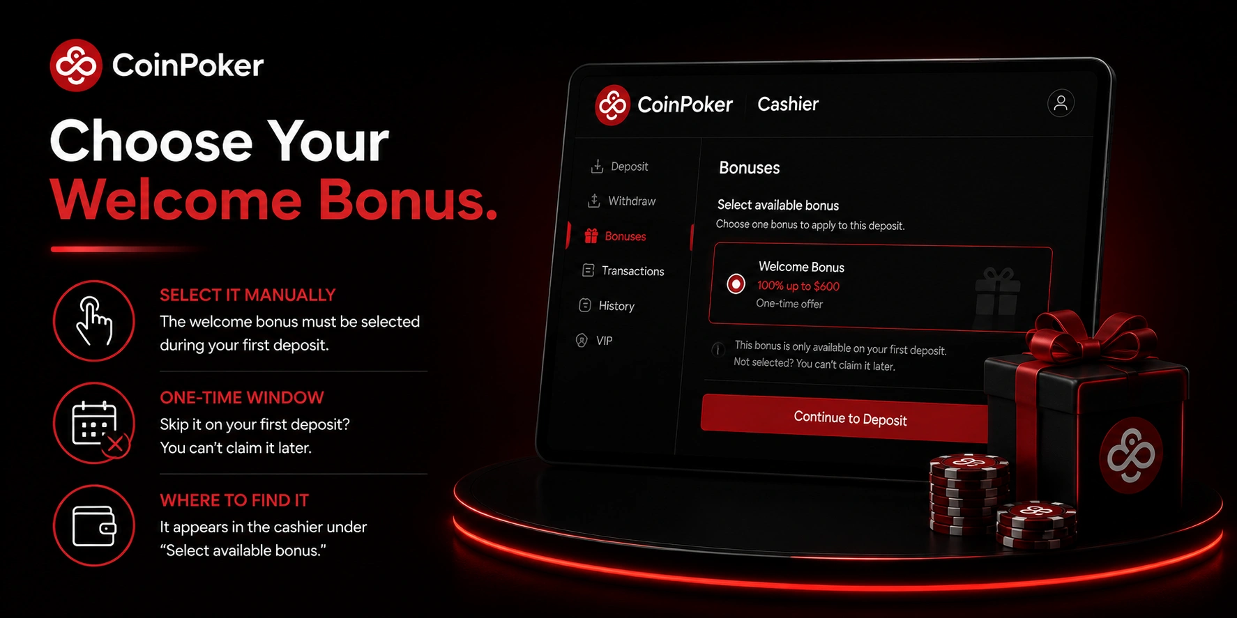 CoinPoker cashier screen showing welcome bonus selection
