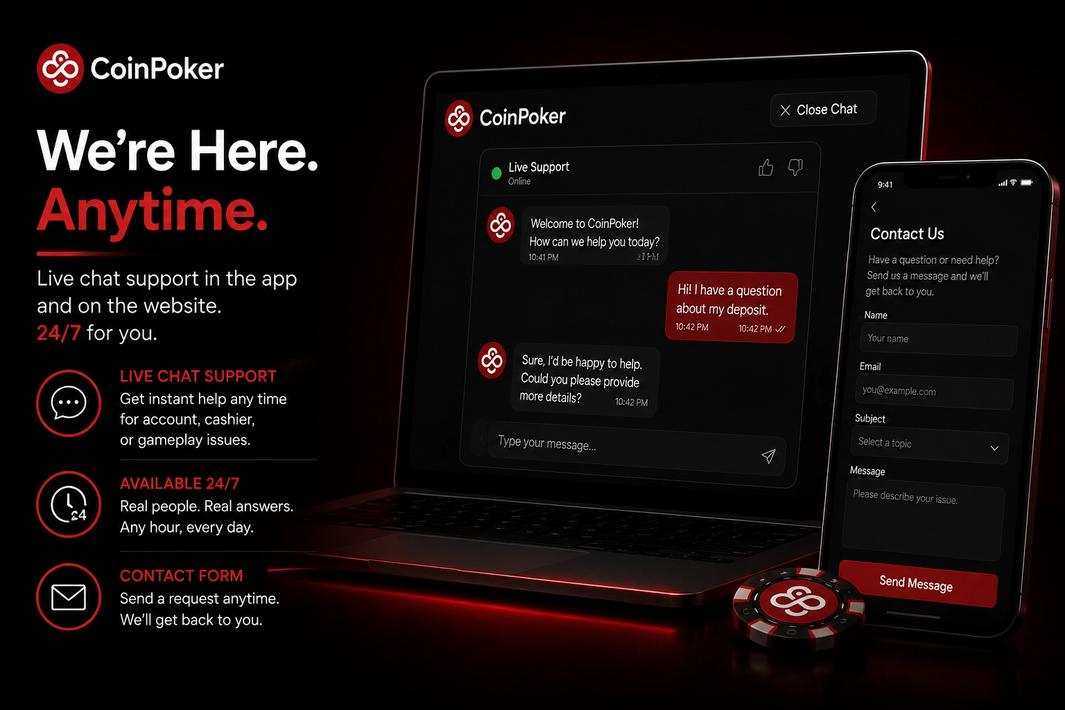 CoinPoker live chat support with 24/7 contact form screen