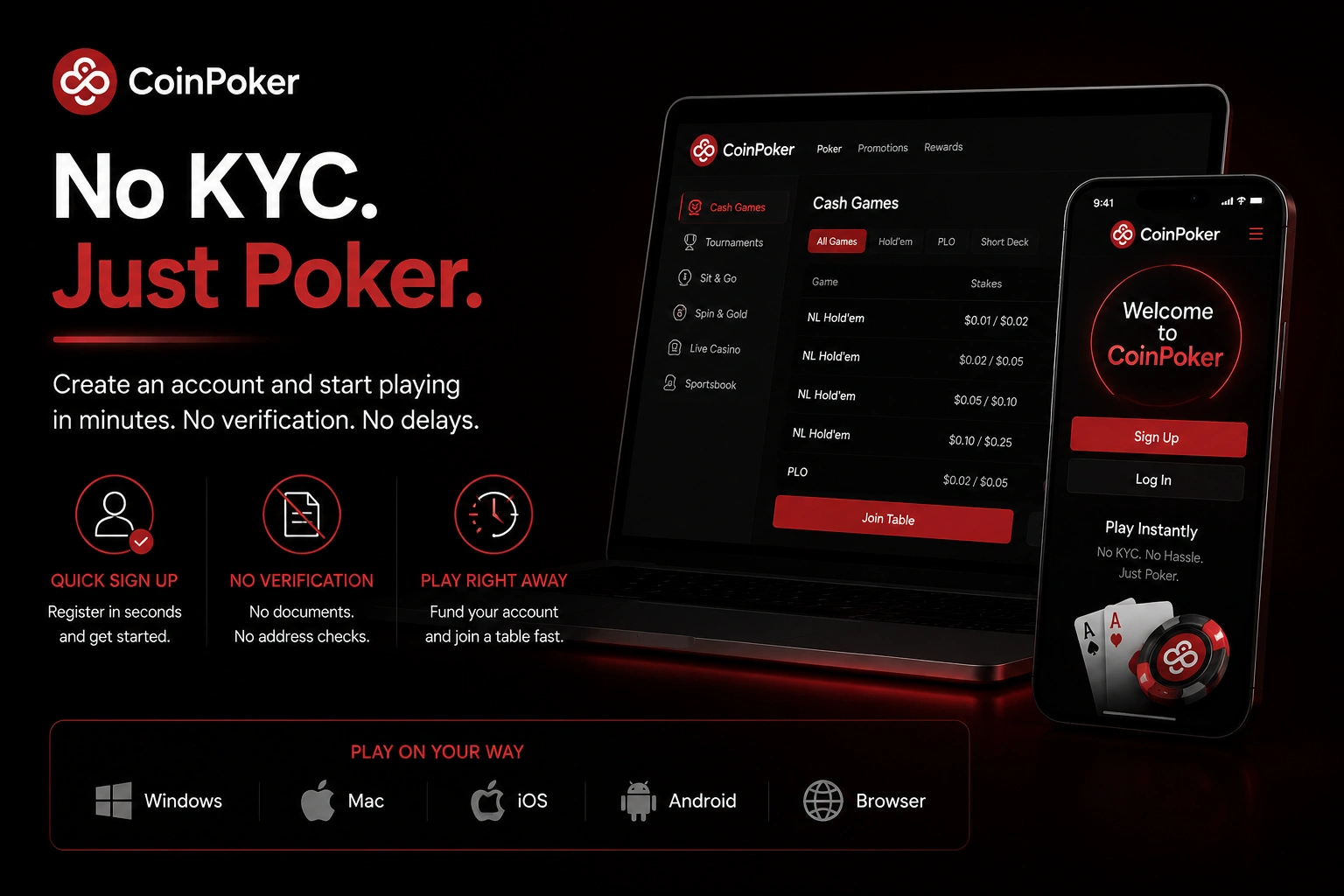 CoinPoker no-KYC lobby on laptop and mobile platforms